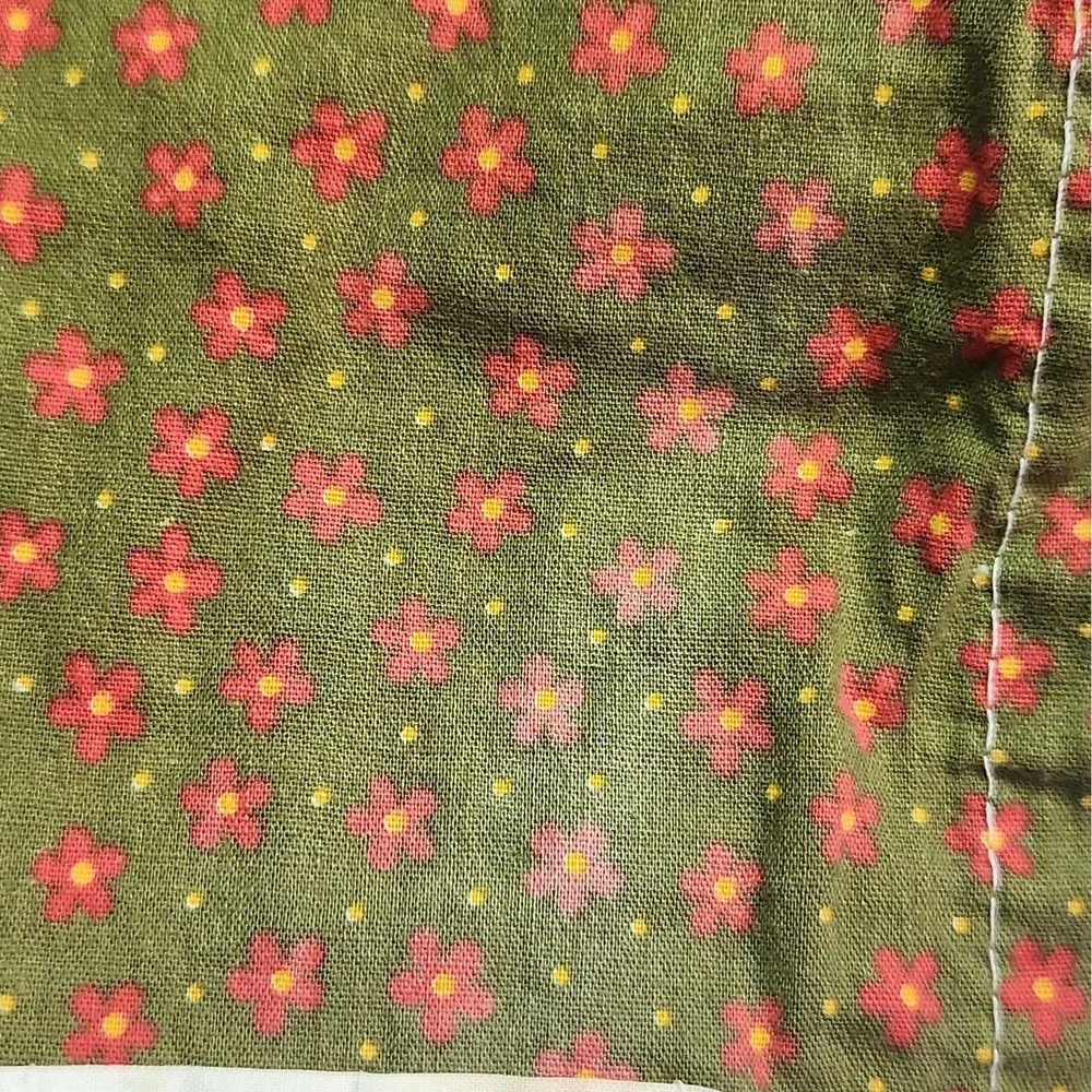 Handmade 1970s Green Red Flower Kitchen Window Curtain Set Cottage Farmhouse VTG